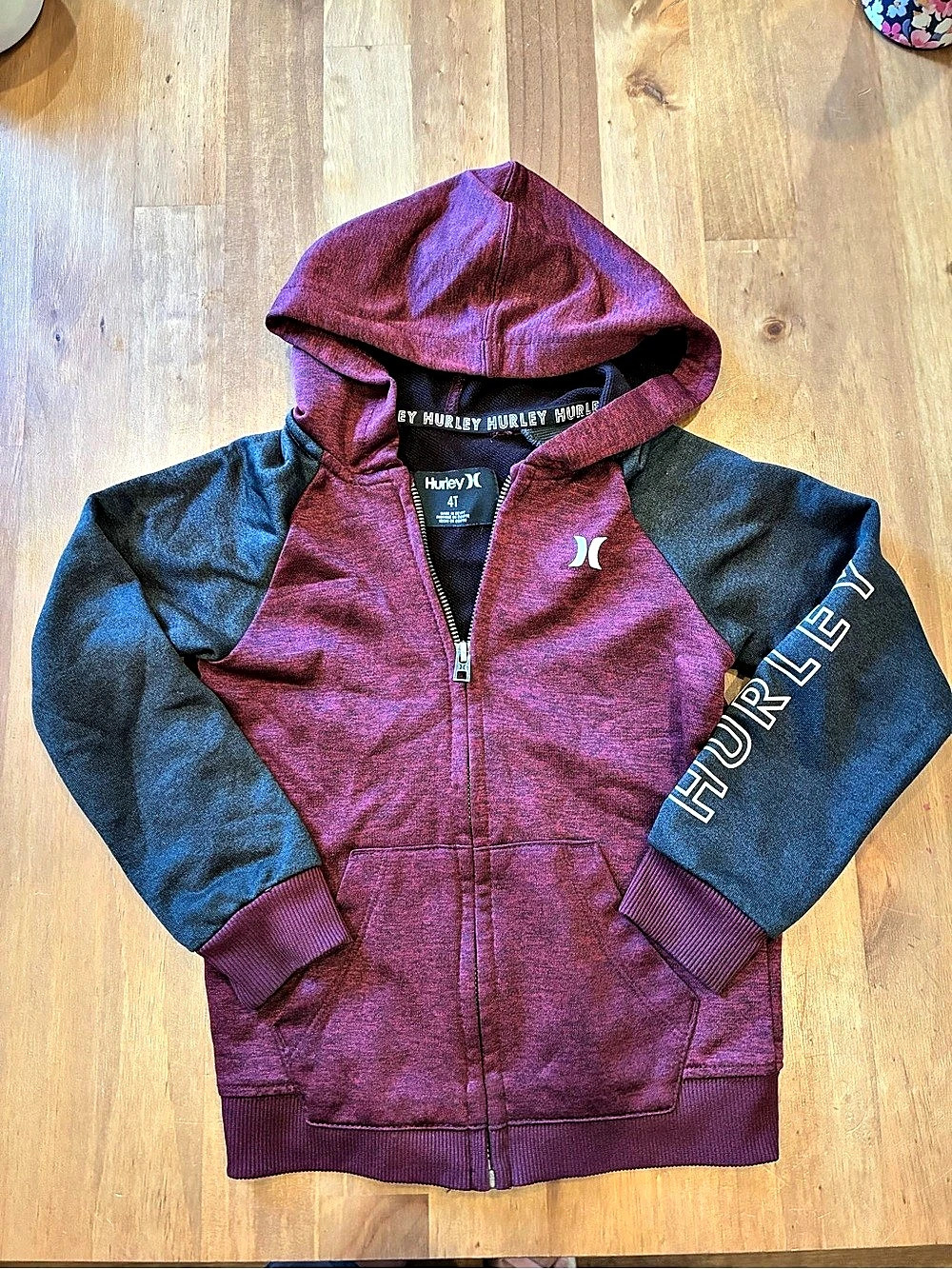 Hurley Boys Full Zip Fleece Hoodie Boys 4T Burgundy & Gray Zip Hoodie Like New